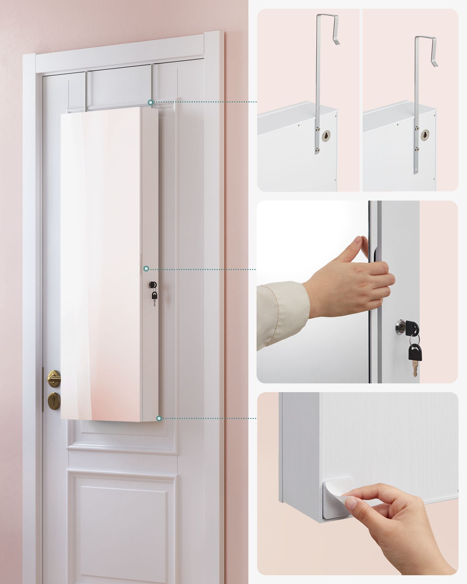 Jewellery Cabinet Organizer – Wood – White – Wall Mounted with LED Lights and Lockable Storage