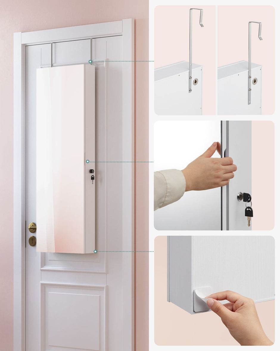 Jewellery Cabinet Organizer – Wood – White – Wall Mounted with LED Lights and Lockable Storage