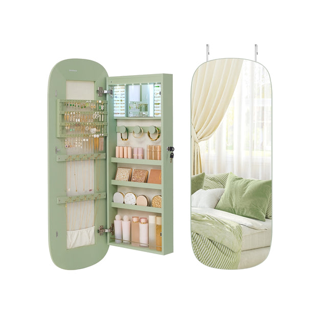 LED Mirror Jewellery Cabinet – MDF – White with Greige Lining – Lockable Wall/Door Mounted with Interior Mirror