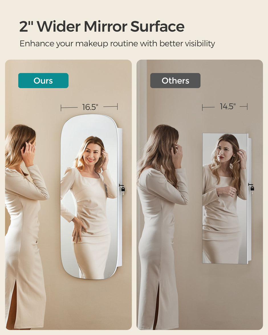 LED Mirror Jewellery Cabinet – MDF – White with Greige Lining – Lockable Wall/Door Mounted with Interior Mirror