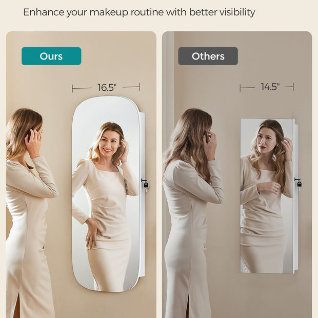 LED Mirror Jewellery Cabinet – MDF – White with Greige Lining – Lockable Wall/Door Mounted with Interior Mirror