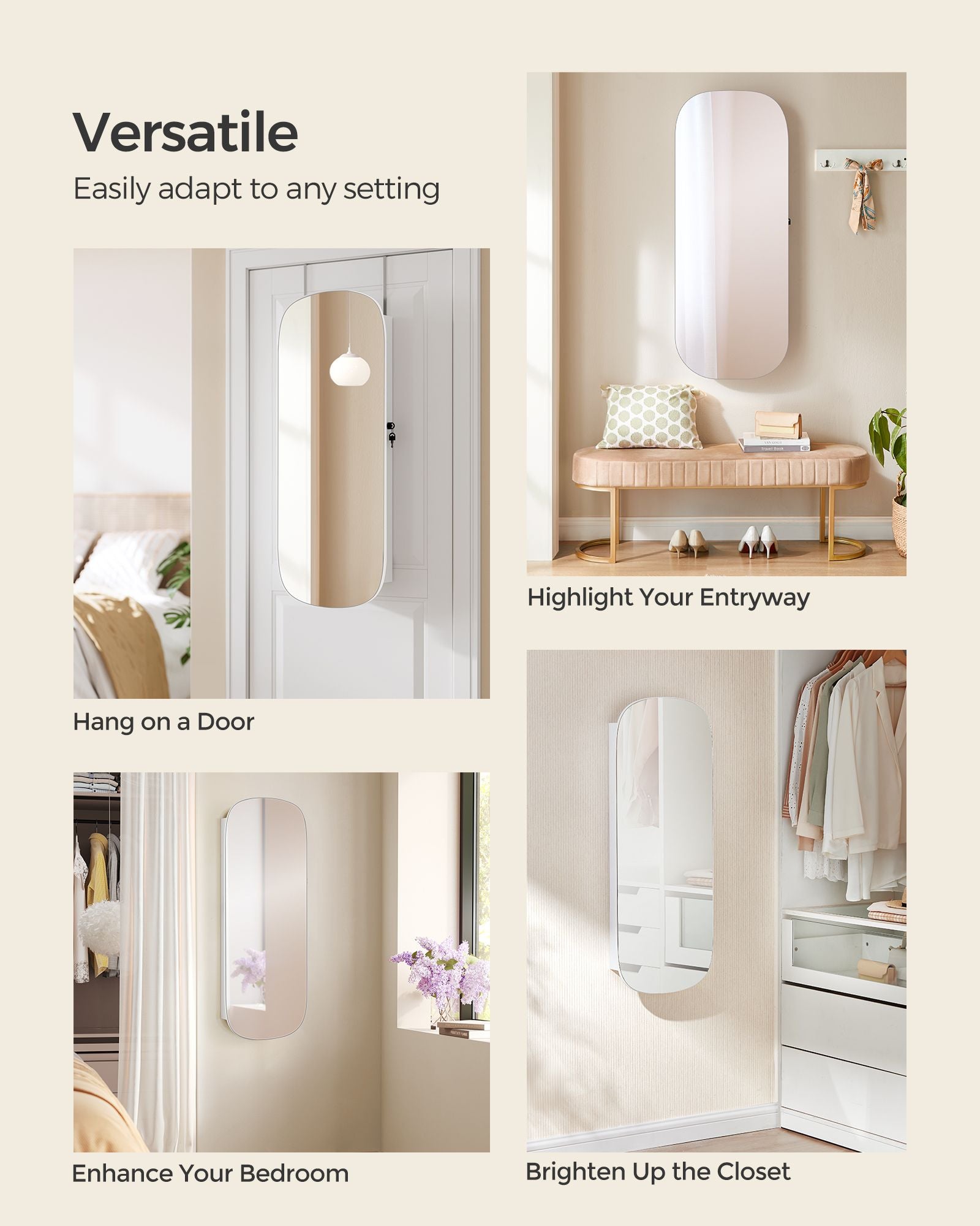 LED Mirror Jewellery Cabinet – MDF – White with Greige Lining – Lockable Wall/Door Mounted with Interior Mirror