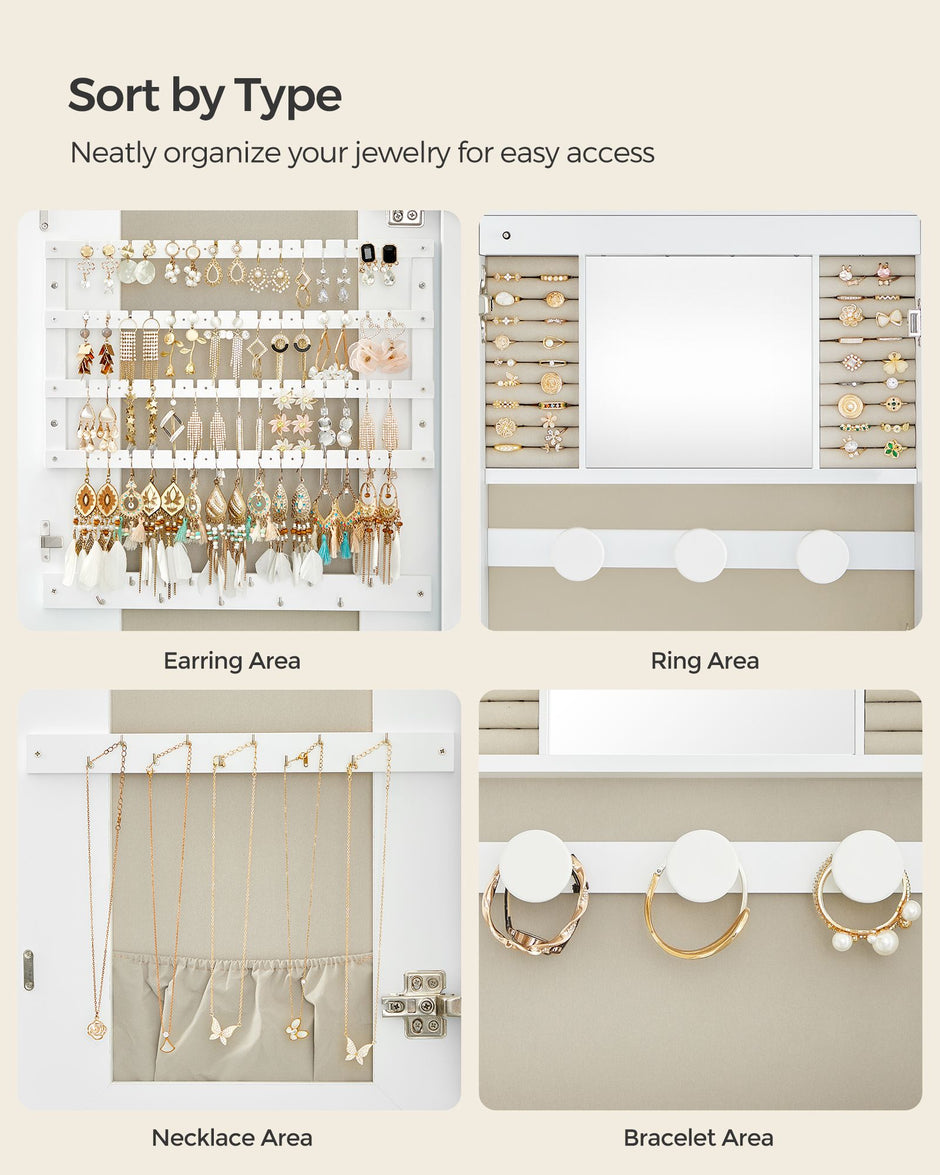 LED Mirror Jewellery Cabinet – MDF – White with Greige Lining – Lockable Wall/Door Mounted with Interior Mirror