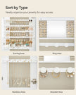 LED Mirror Jewellery Cabinet – MDF – White with Greige Lining – Lockable Wall/Door Mounted with Interior Mirror