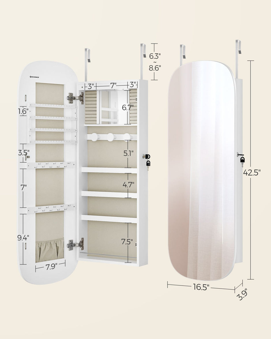 LED Mirror Jewellery Cabinet – MDF – White with Greige Lining – Lockable Wall/Door Mounted with Interior Mirror