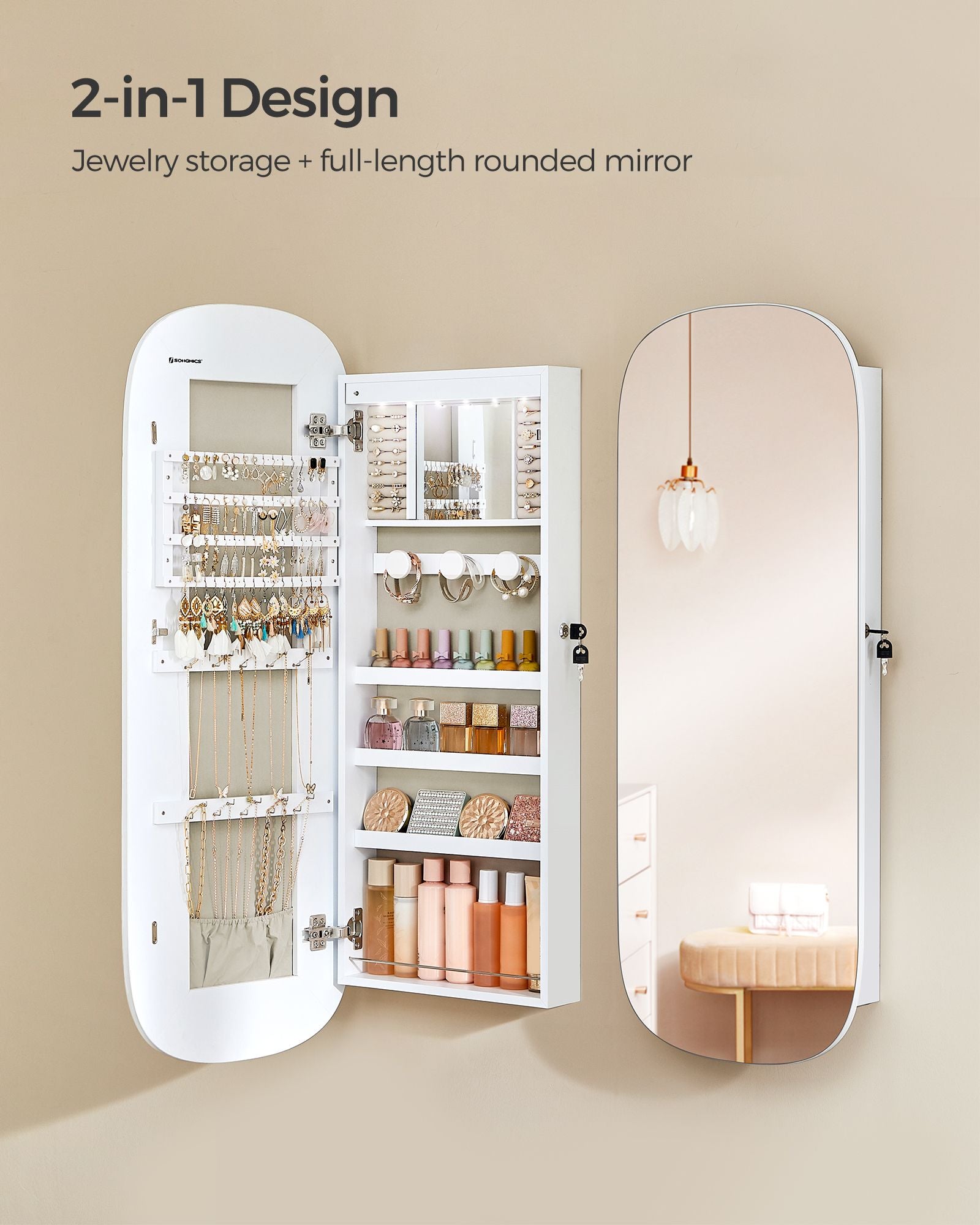 LED Mirror Jewellery Cabinet – MDF – White with Greige Lining – Lockable Wall/Door Mounted with Interior Mirror