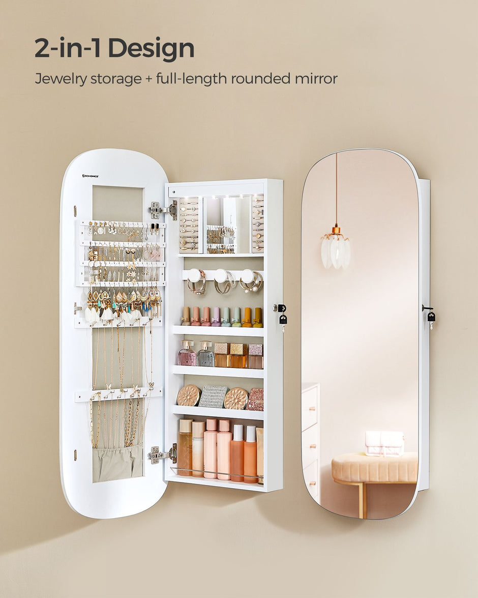 LED Mirror Jewellery Cabinet – MDF – White with Greige Lining – Lockable Wall/Door Mounted with Interior Mirror