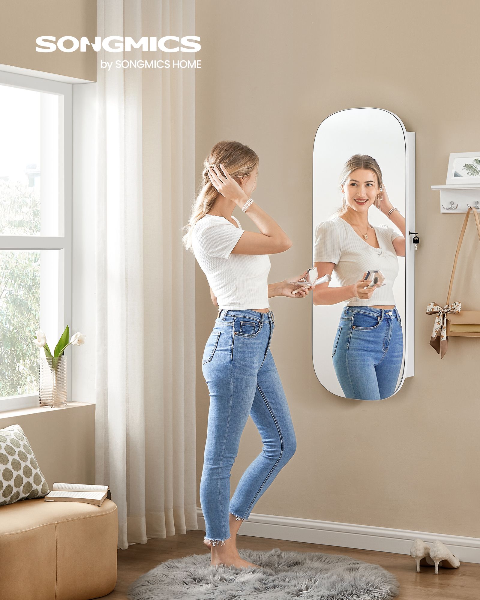 LED Mirror Jewellery Cabinet – MDF – White with Greige Lining – Lockable Wall/Door Mounted with Interior Mirror