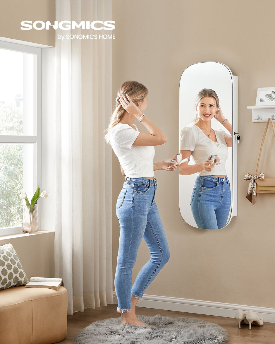 LED Mirror Jewellery Cabinet – MDF – White with Greige Lining – Lockable Wall/Door Mounted with Interior Mirror