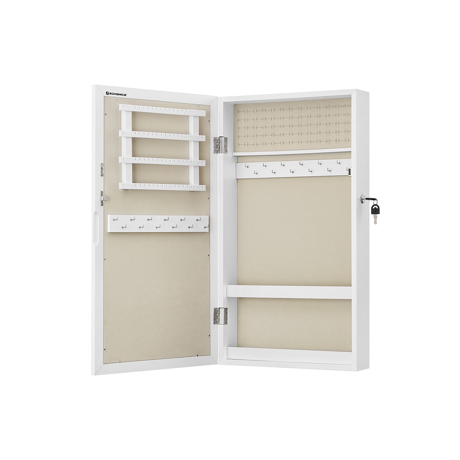 Wall-Mounted Jewellery Cabinet – Wood – White – Lockable with Mirror and Storage
