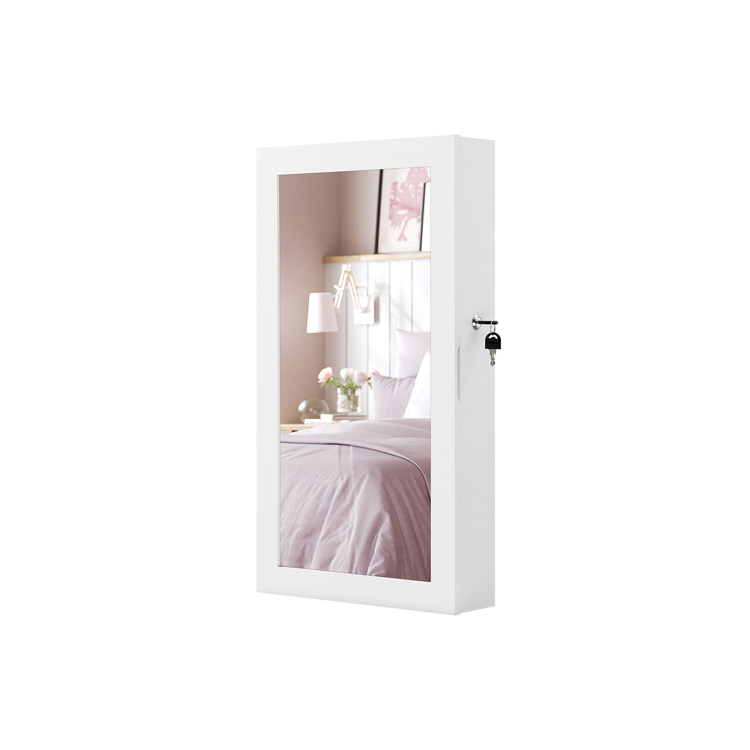 Wall-Mounted Jewellery Cabinet – Wood – White – Lockable with Mirror and Storage