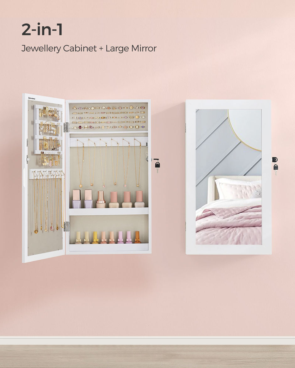 Wall-Mounted Jewellery Cabinet – Wood – White – Lockable with Mirror and Storage