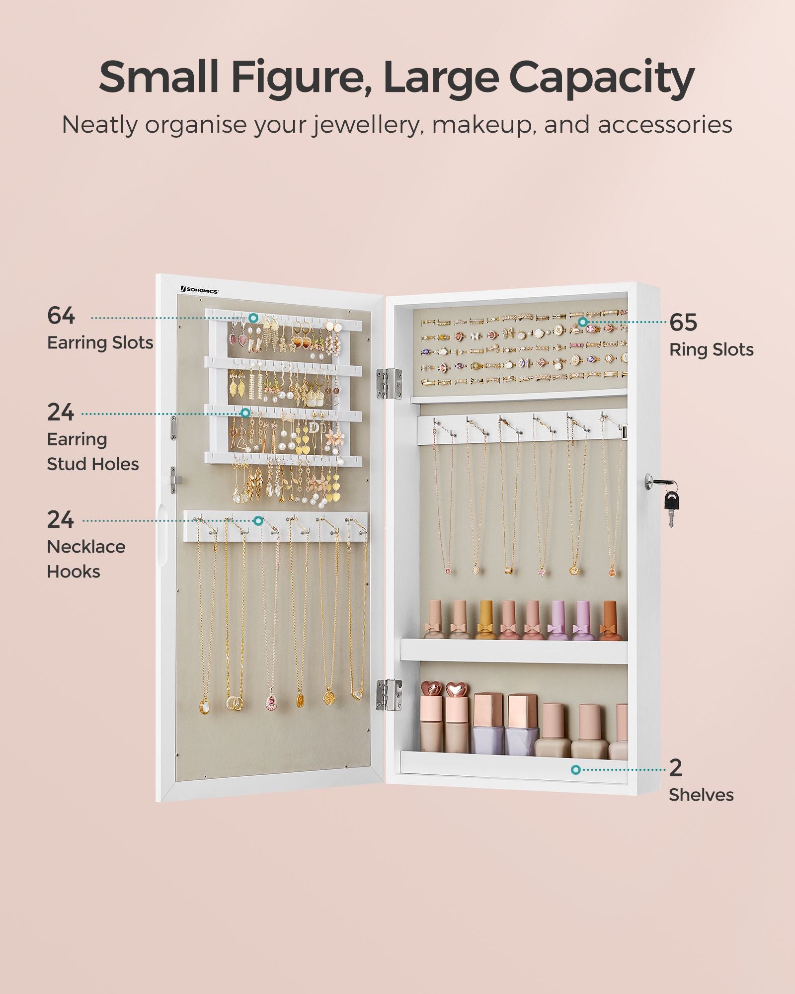 Wall-Mounted Jewellery Cabinet – Wood – White – Lockable with Mirror and Storage