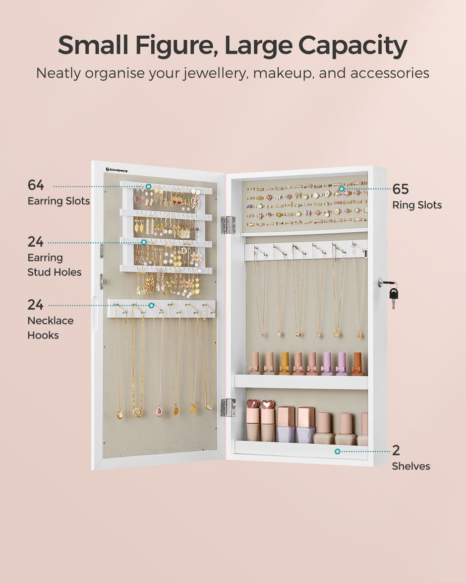 Wall-Mounted Jewellery Cabinet – Wood – White – Lockable with Mirror and Storage