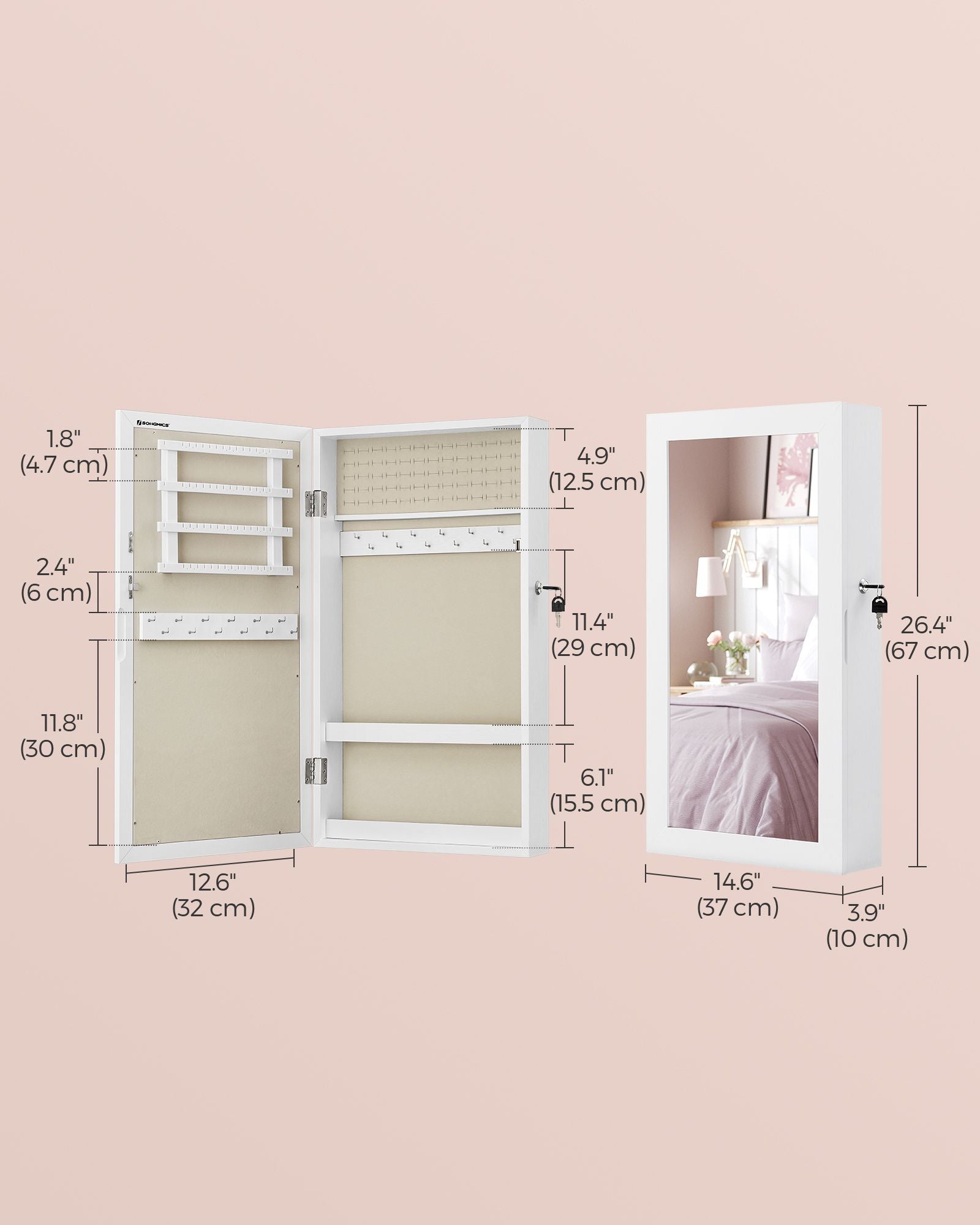 Wall-Mounted Jewellery Cabinet – Wood – White – Lockable with Mirror and Storage