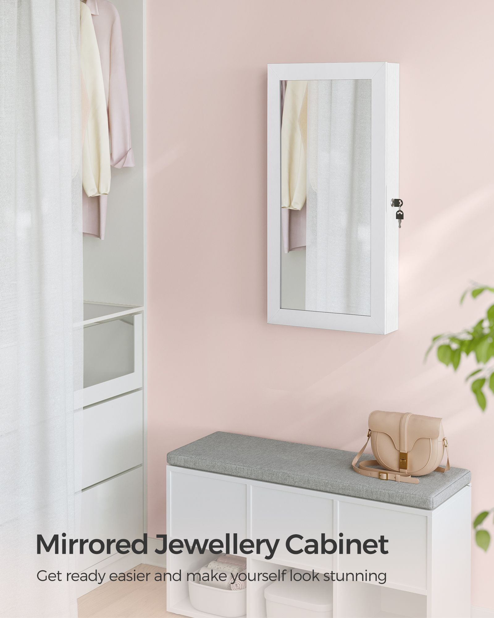Wall-Mounted Jewellery Cabinet – Wood – White – Lockable with Mirror and Storage