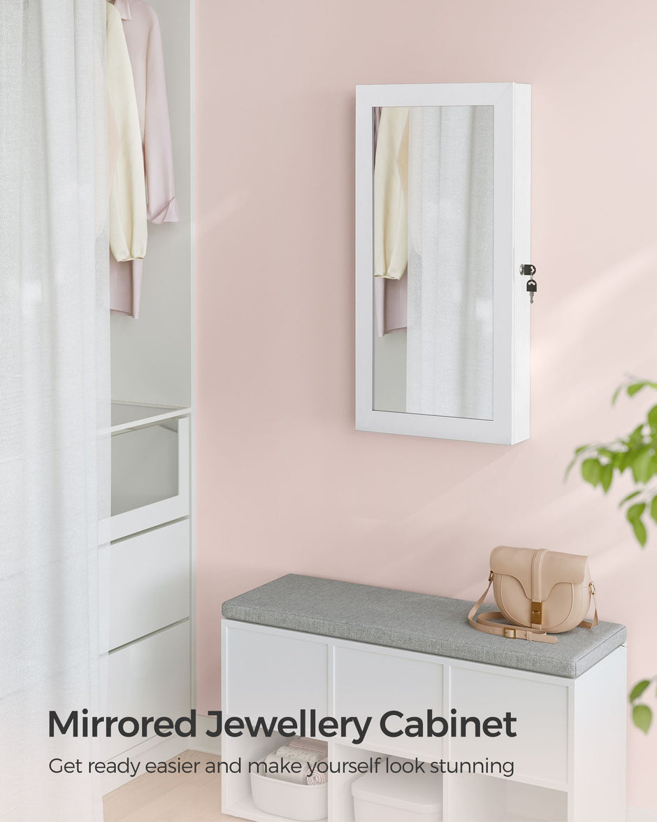 Wall-Mounted Jewellery Cabinet – Wood – White – Lockable with Mirror and Storage