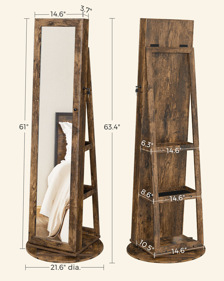 Jewellery Cabinet – Wood – White – 360° Swivel with Full-Length Mirror and Storage Shelf