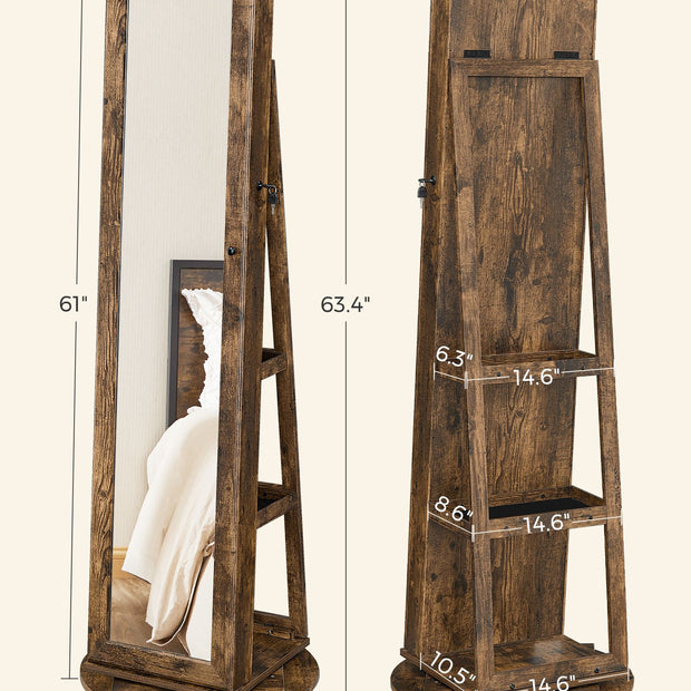 Jewellery Cabinet – Wood – White – 360° Swivel with Full-Length Mirror and Storage Shelf