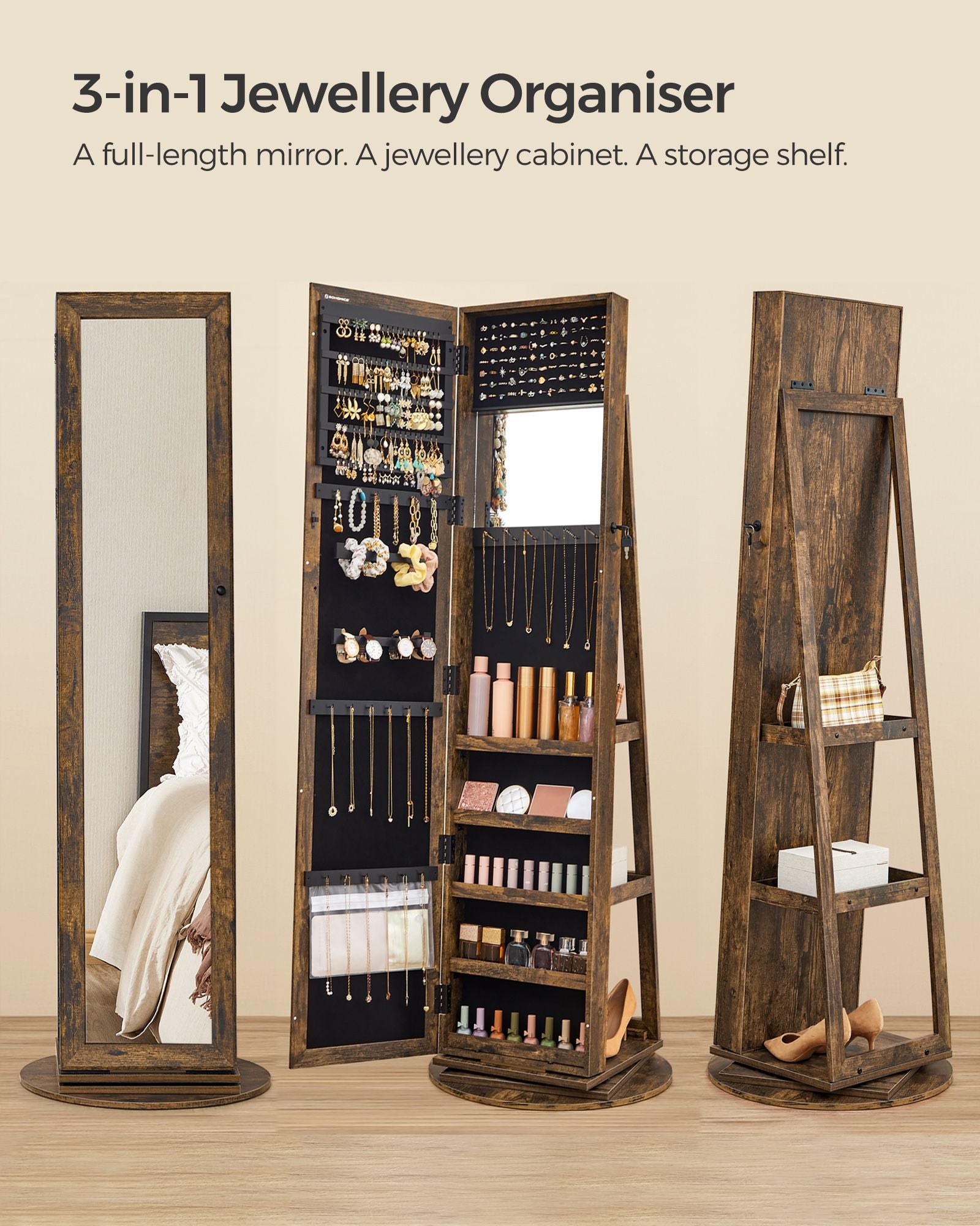 Jewellery Cabinet – Wood – White – 360° Swivel with Full-Length Mirror and Storage Shelf
