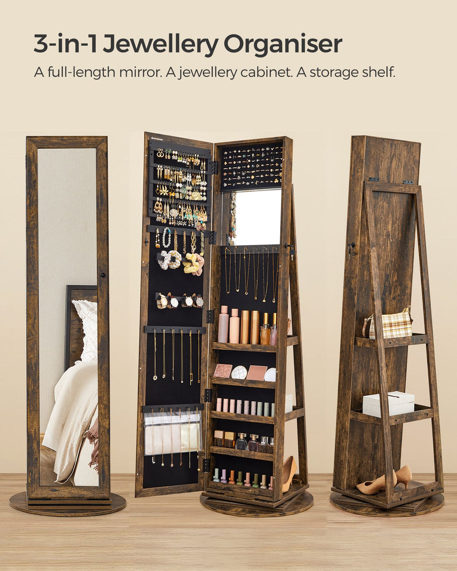 Jewellery Cabinet – Wood – White – 360° Swivel with Full-Length Mirror and Storage Shelf