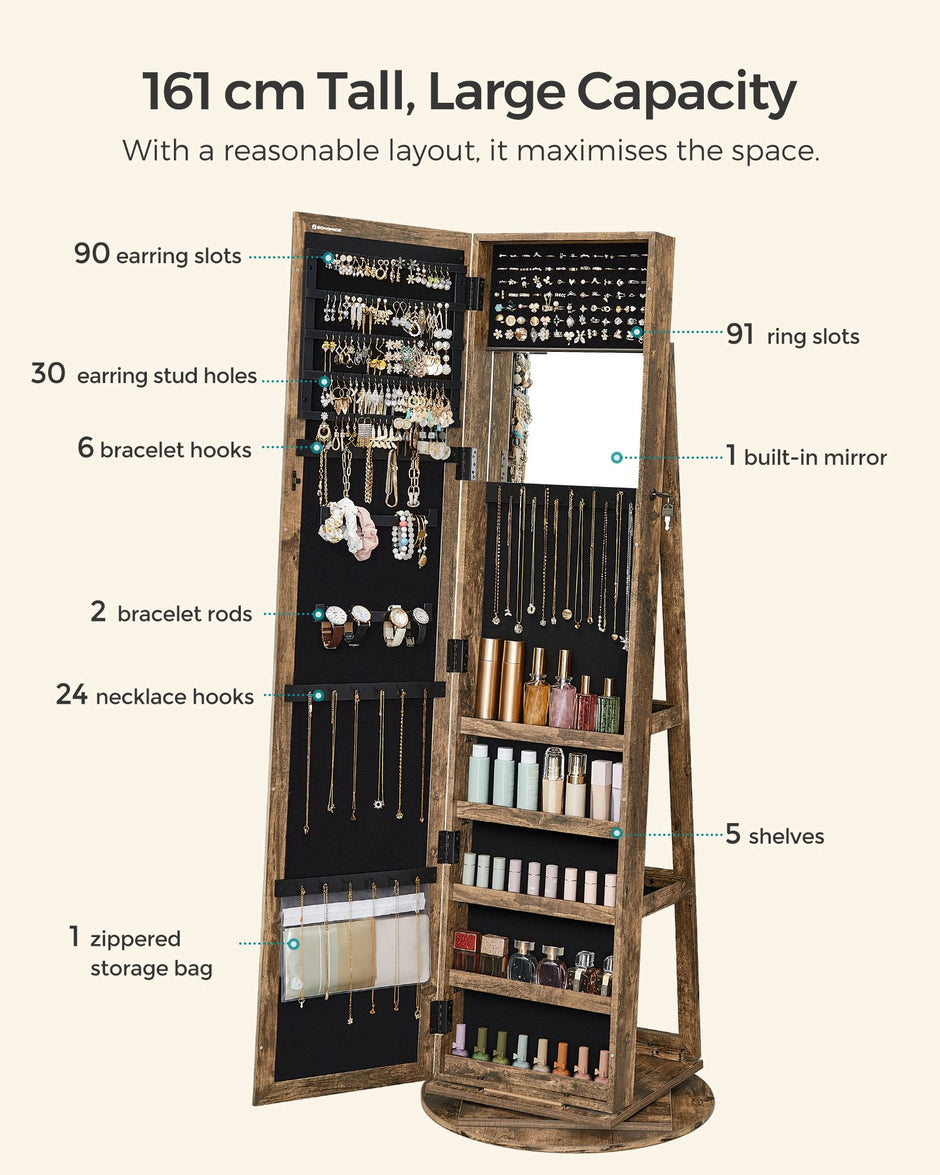 Jewellery Cabinet – Wood – White – 360° Swivel with Full-Length Mirror and Storage Shelf