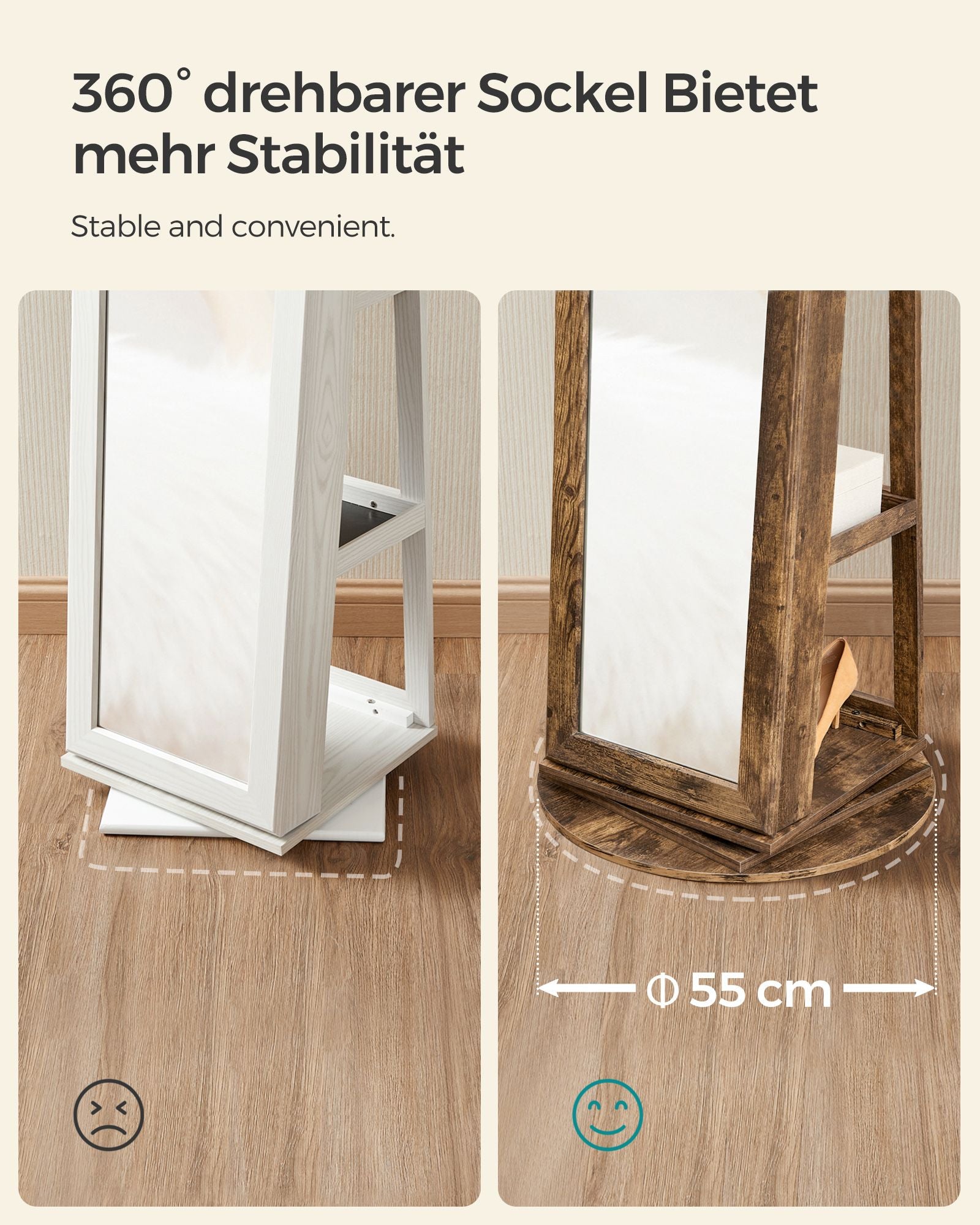Jewellery Cabinet – Wood – White – 360° Swivel with Full-Length Mirror and Storage Shelf