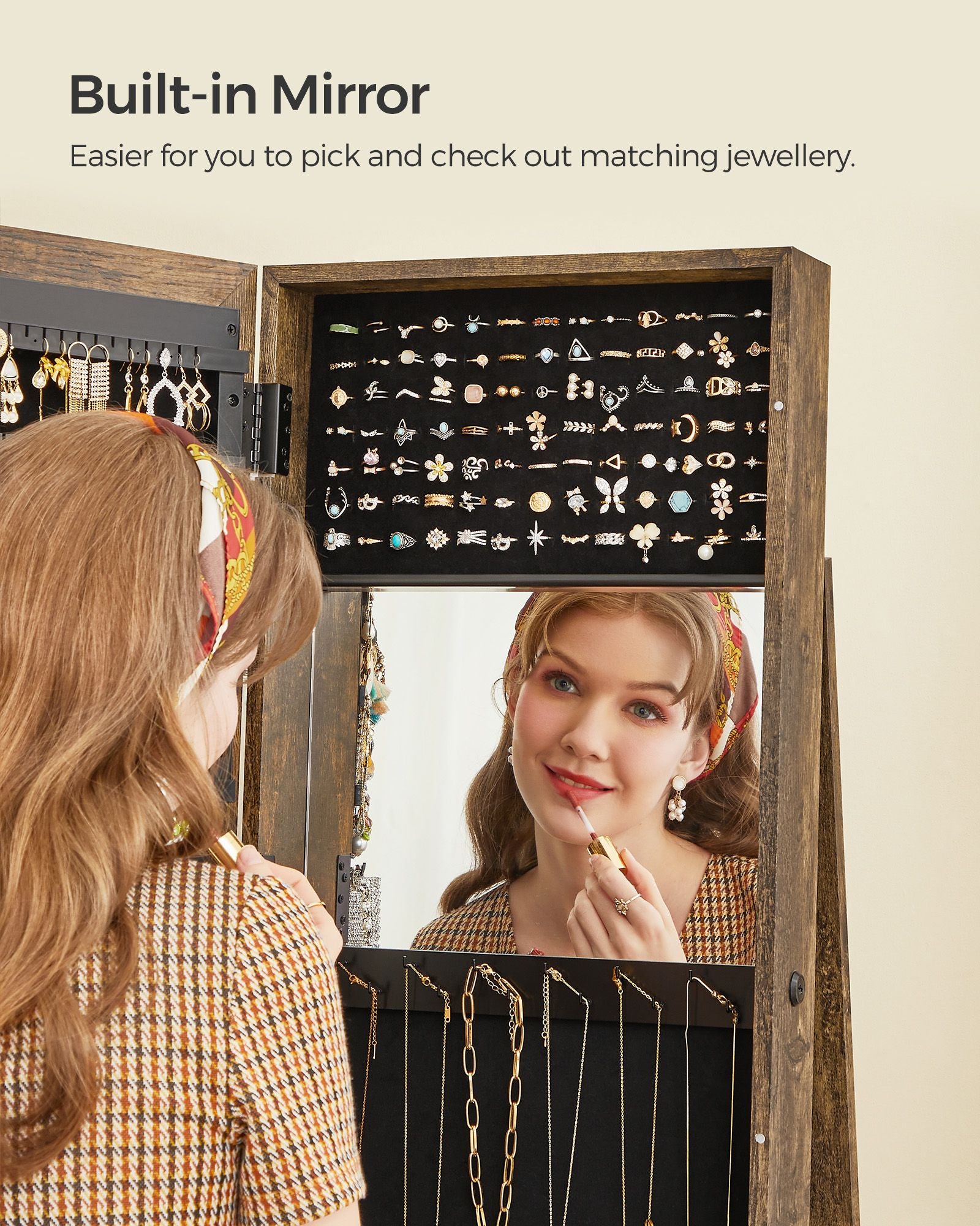 Jewellery Cabinet – Wood – White – 360° Swivel with Full-Length Mirror and Storage Shelf