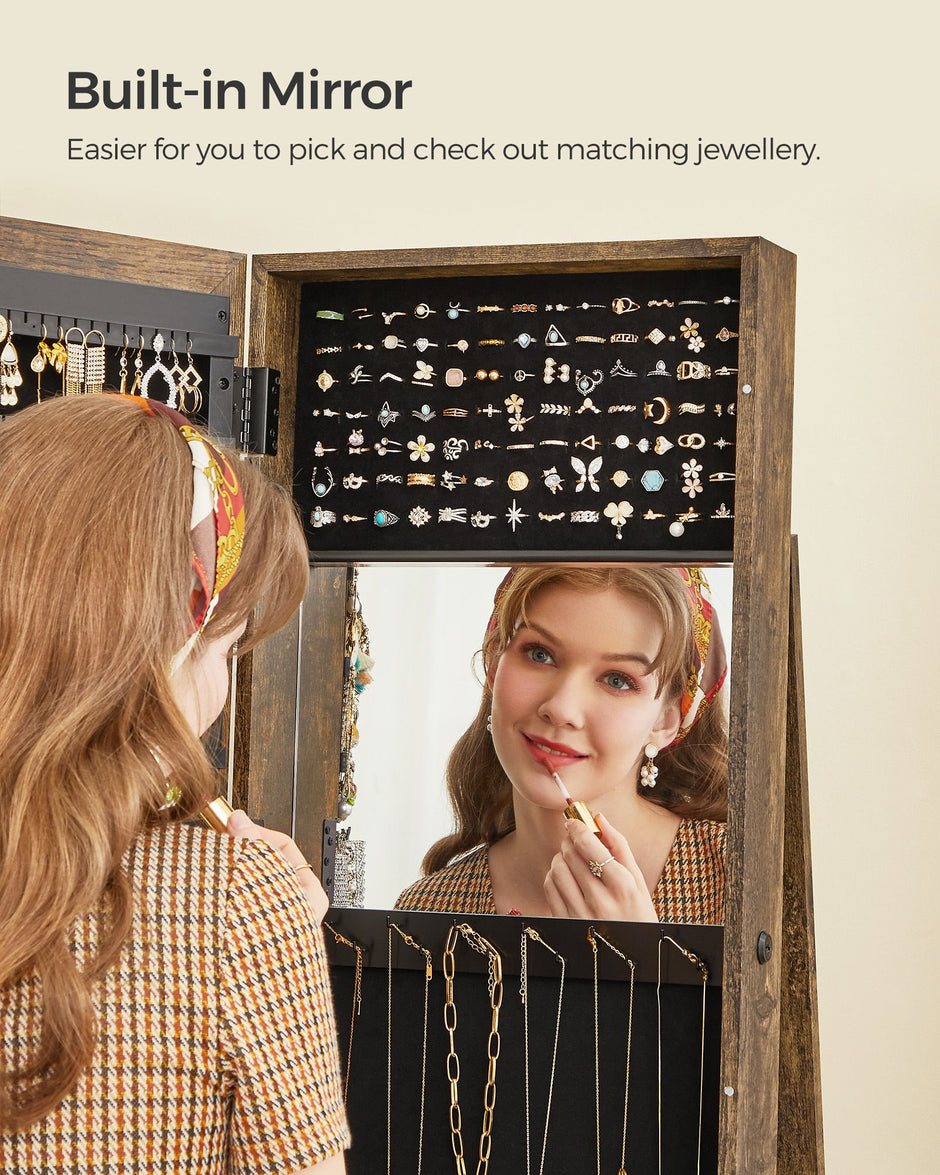Jewellery Cabinet – Wood – White – 360° Swivel with Full-Length Mirror and Storage Shelf