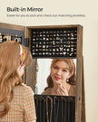 Jewellery Cabinet – Wood – White – 360° Swivel with Full-Length Mirror and Storage Shelf