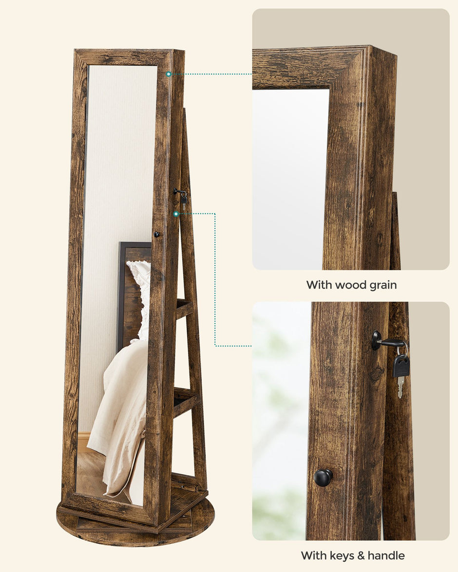Jewellery Cabinet – Wood – White – 360° Swivel with Full-Length Mirror and Storage Shelf