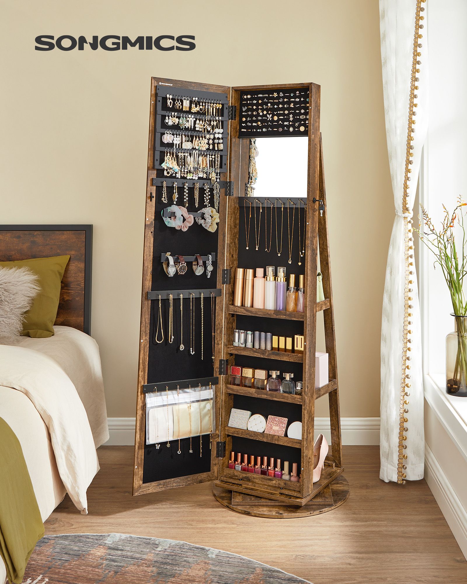 Jewellery Cabinet – Wood – White – 360° Swivel with Full-Length Mirror and Storage Shelf