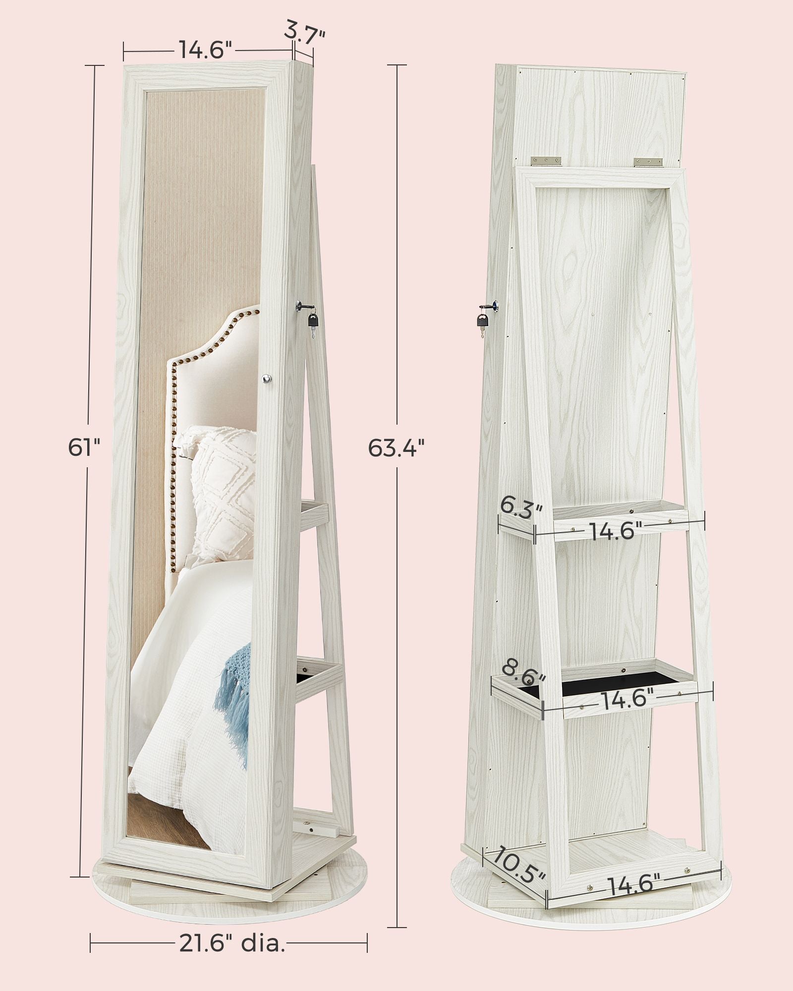 Jewellery Cabinet – Wood – White with Greyish Grain – 360° Swivel and Lockable with Full-Length Mirror