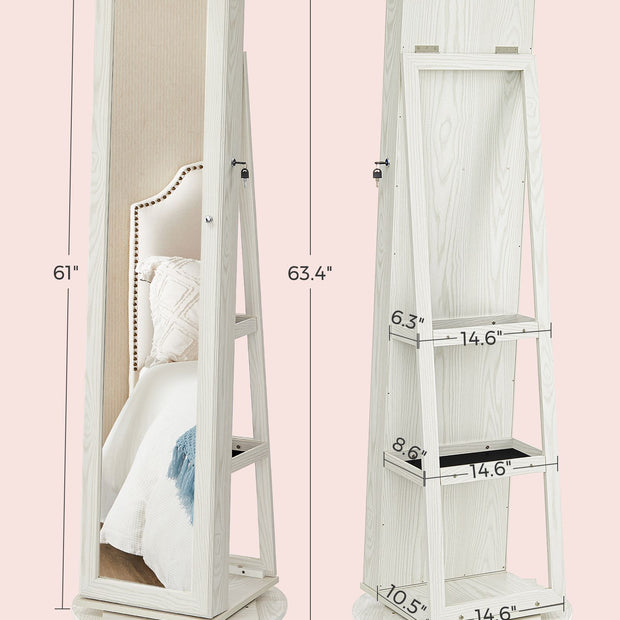 Jewellery Cabinet – Wood – White with Greyish Grain – 360° Swivel and Lockable with Full-Length Mirror