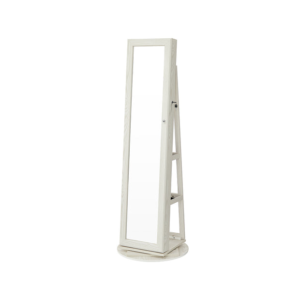 Jewellery Cabinet – Wood – White with Greyish Grain – 360° Swivel and Lockable with Full-Length Mirror