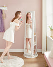 Jewellery Cabinet – Wood – White with Greyish Grain – 360° Swivel and Lockable with Full-Length Mirror
