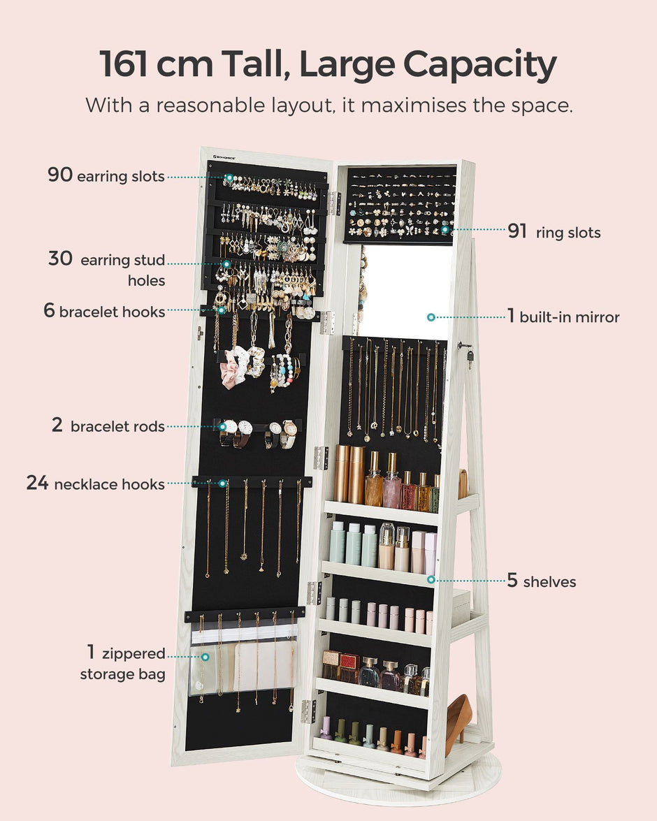 Jewellery Cabinet – Wood – White with Greyish Grain – 360° Swivel and Lockable with Full-Length Mirror