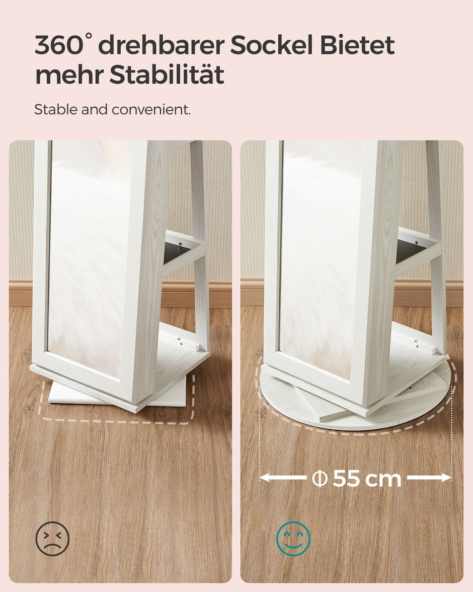 Jewellery Cabinet – Wood – White with Greyish Grain – 360° Swivel and Lockable with Full-Length Mirror