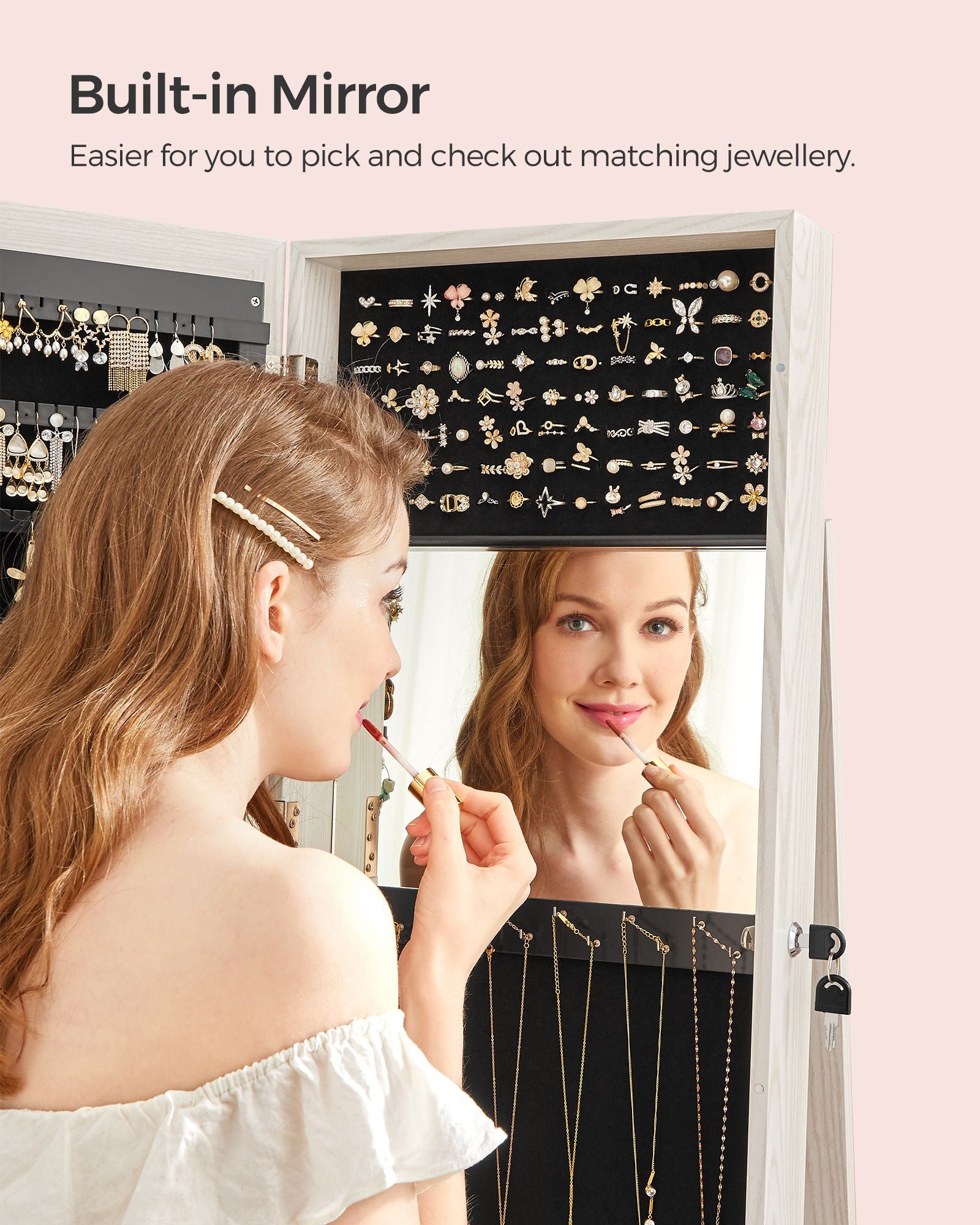 Jewellery Cabinet – Wood – White with Greyish Grain – 360° Swivel and Lockable with Full-Length Mirror