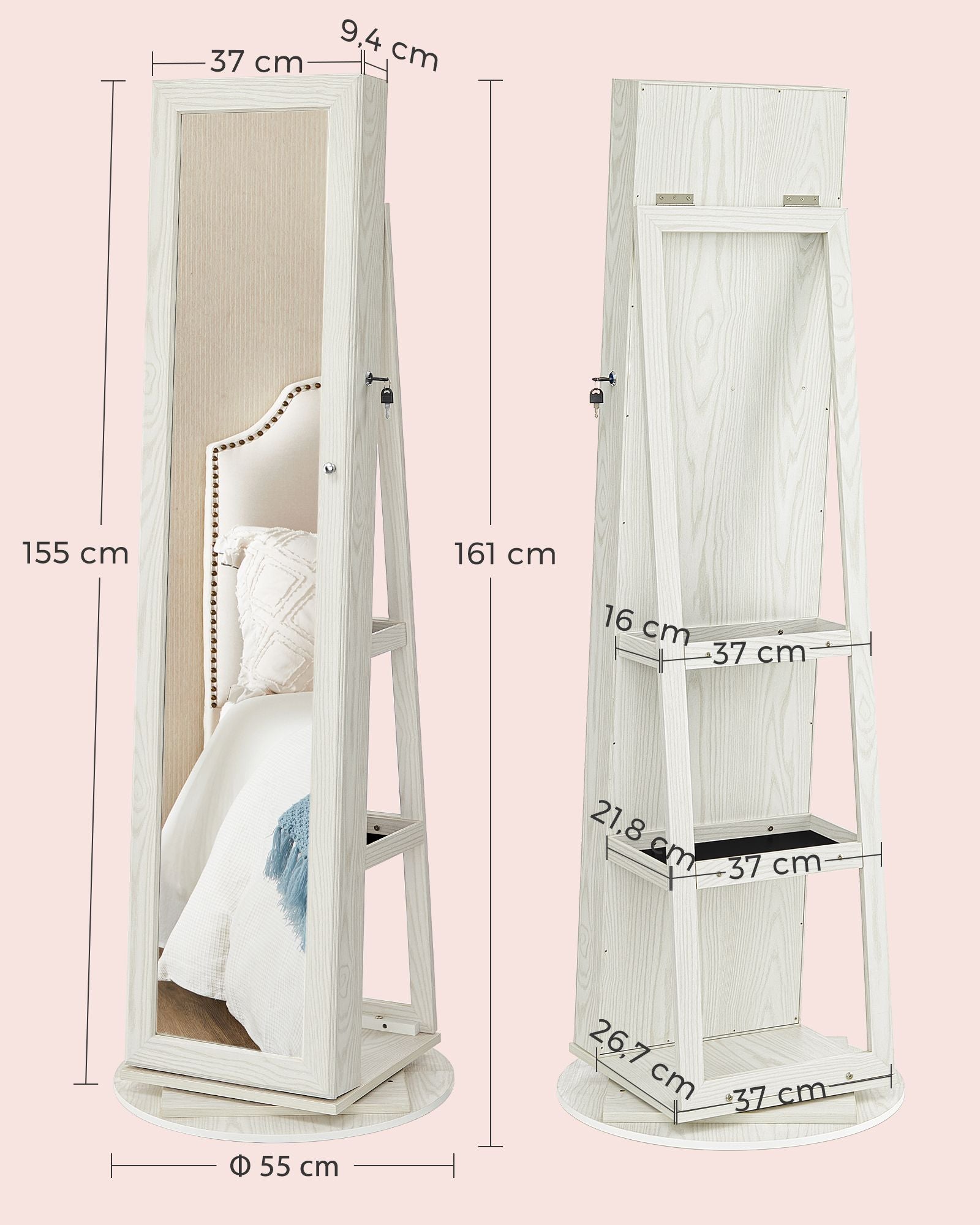 Jewellery Cabinet – Wood – White with Greyish Grain – 360° Swivel and Lockable with Full-Length Mirror