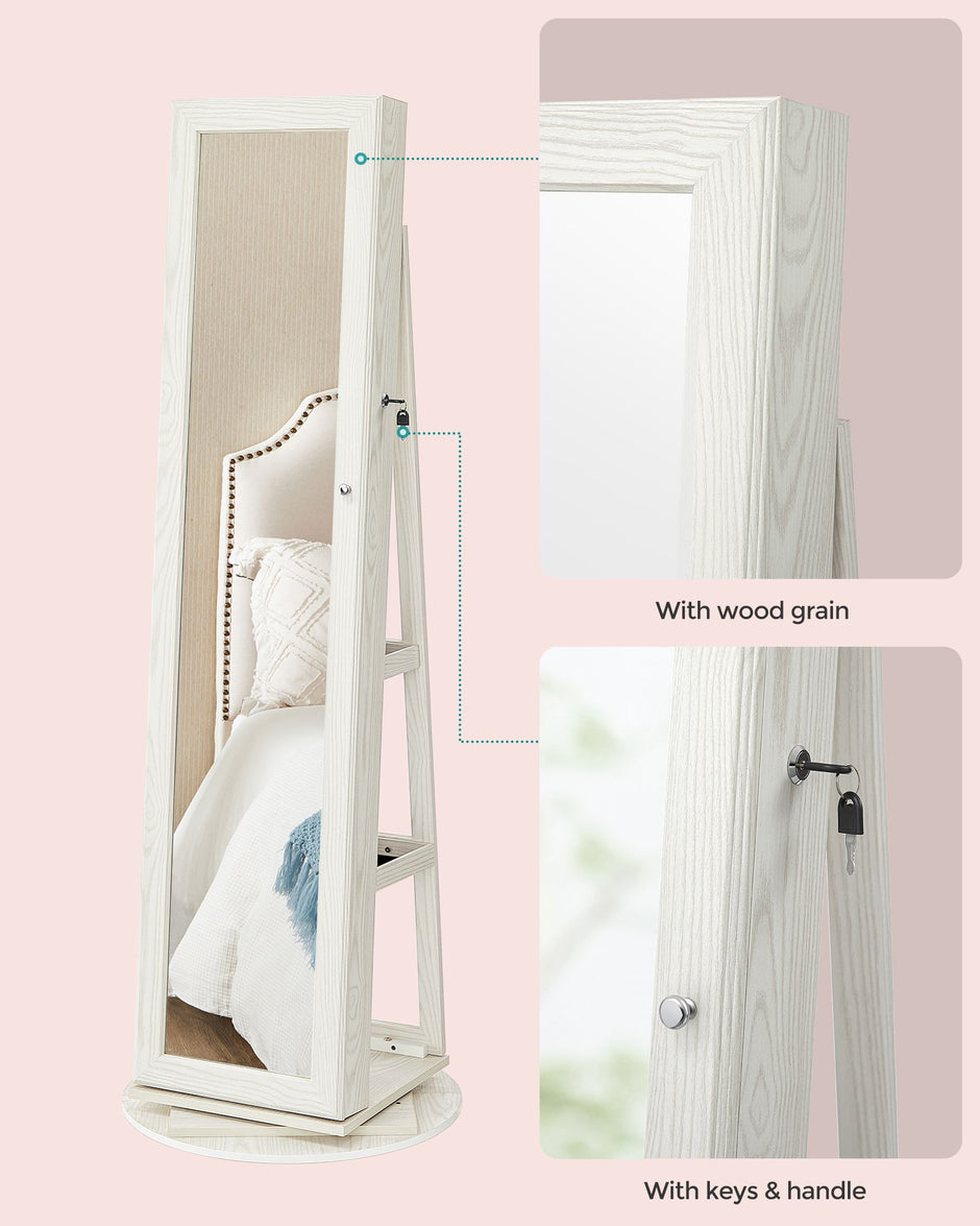Jewellery Cabinet – Wood – White with Greyish Grain – 360° Swivel and Lockable with Full-Length Mirror