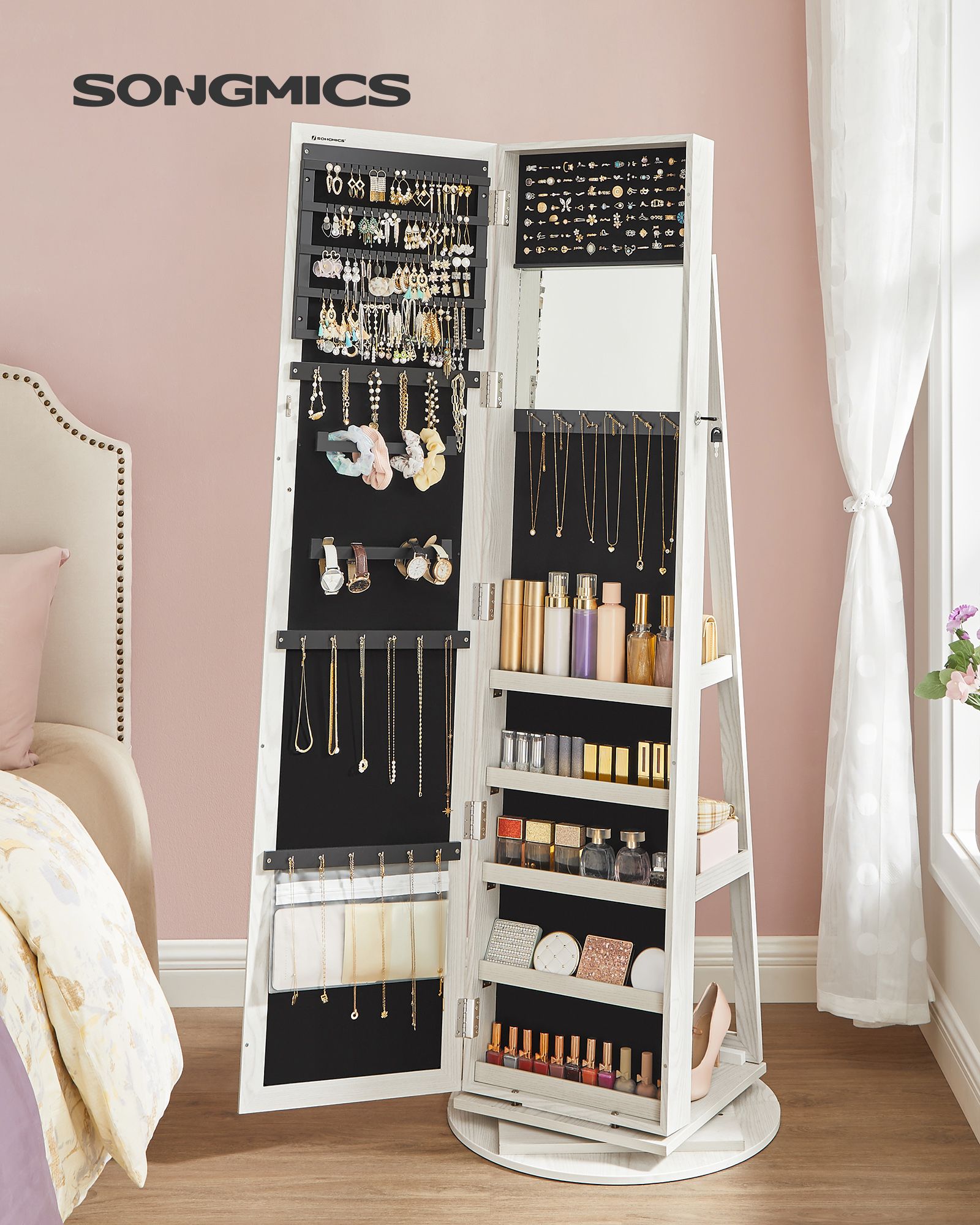 Jewellery Cabinet – Wood – White with Greyish Grain – 360° Swivel and Lockable with Full-Length Mirror