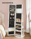 Jewellery Cabinet – Wood – White with Greyish Grain – 360° Swivel and Lockable with Full-Length Mirror