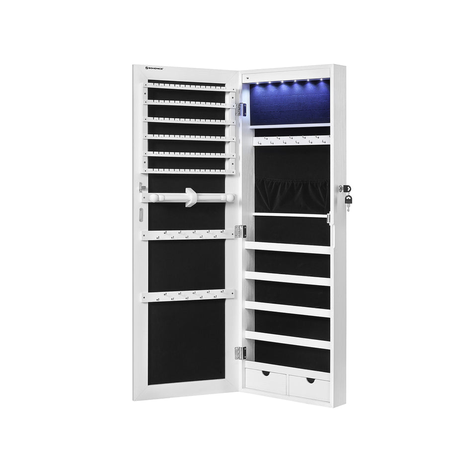 Jewelry Cabinet – Frameless Mirror – White – Wall Hanging or Door Mounted with LED Lighting and Large Capacity