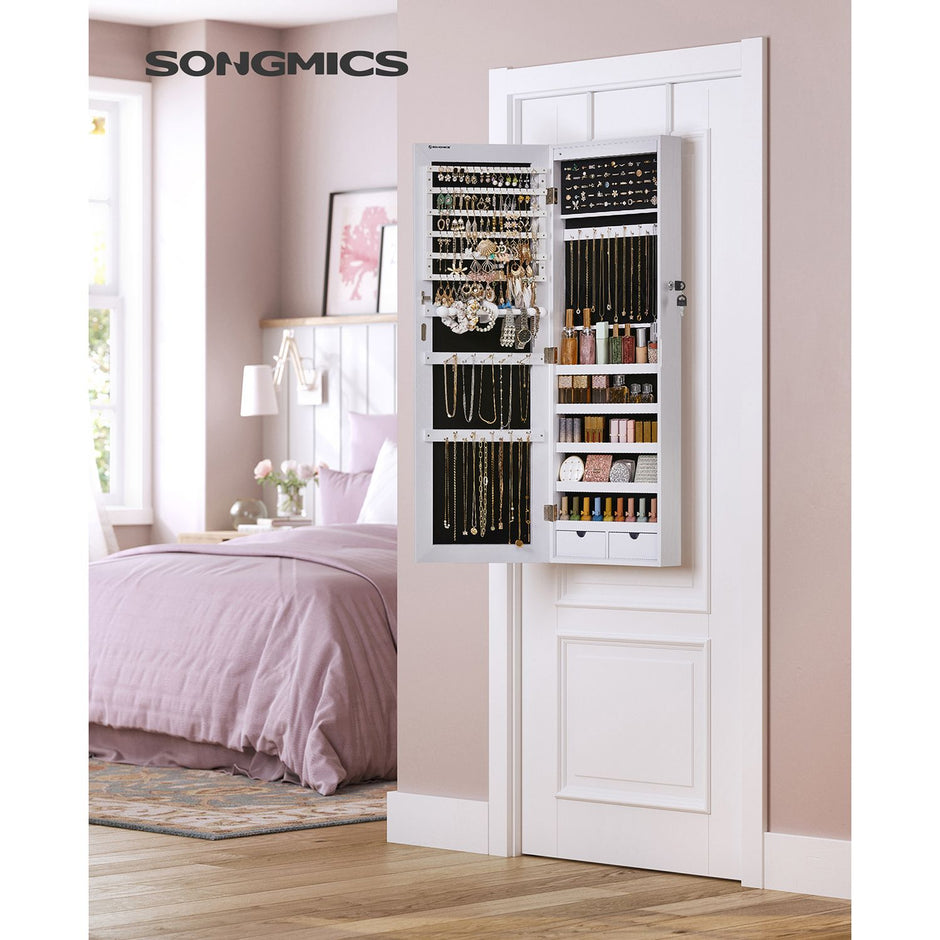 Jewelry Cabinet – Frameless Mirror – White – Wall Hanging or Door Mounted with LED Lighting and Large Capacity