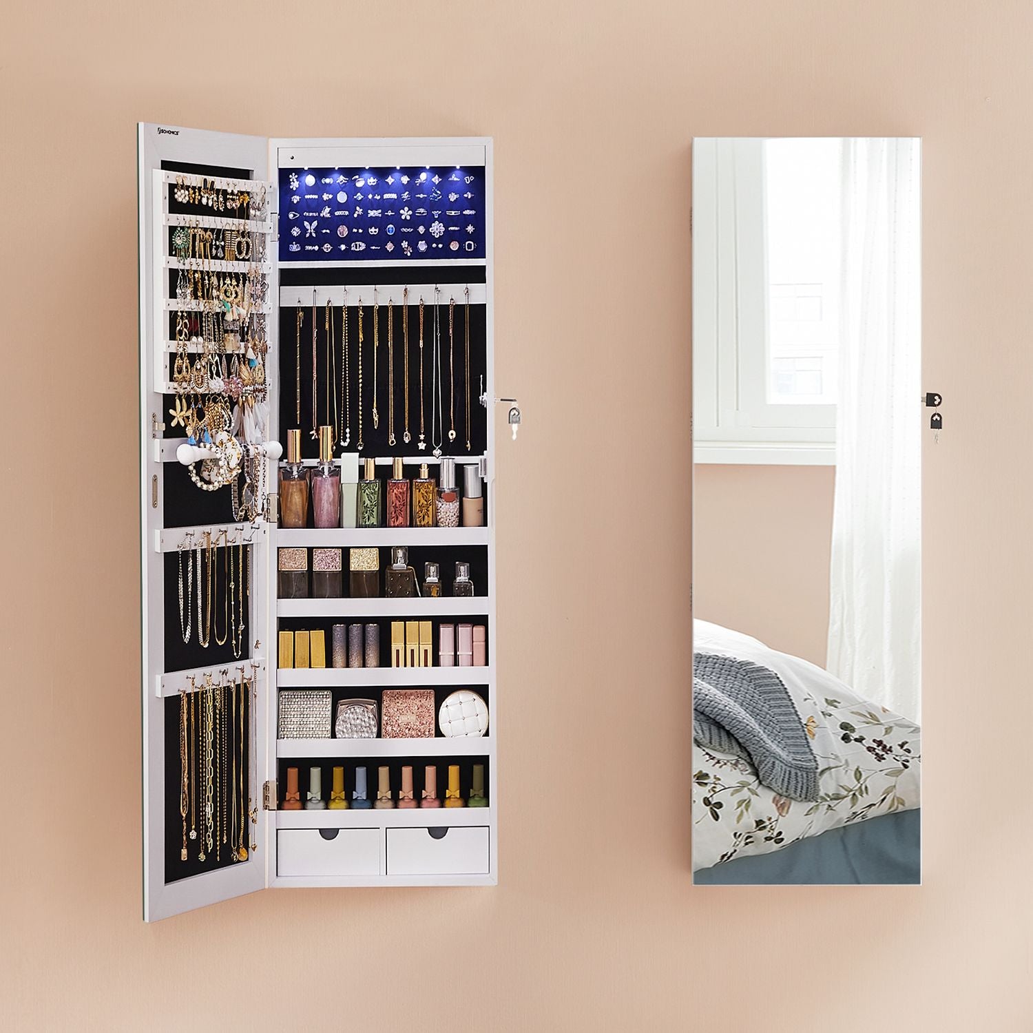 Jewelry Cabinet – Frameless Mirror – White – Wall Hanging or Door Mounted with LED Lighting and Large Capacity