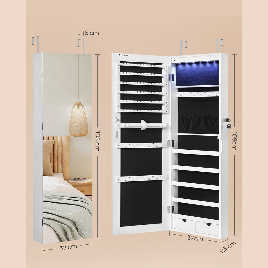 Jewelry Cabinet – Frameless Mirror – White – Wall Hanging or Door Mounted with LED Lighting and Large Capacity