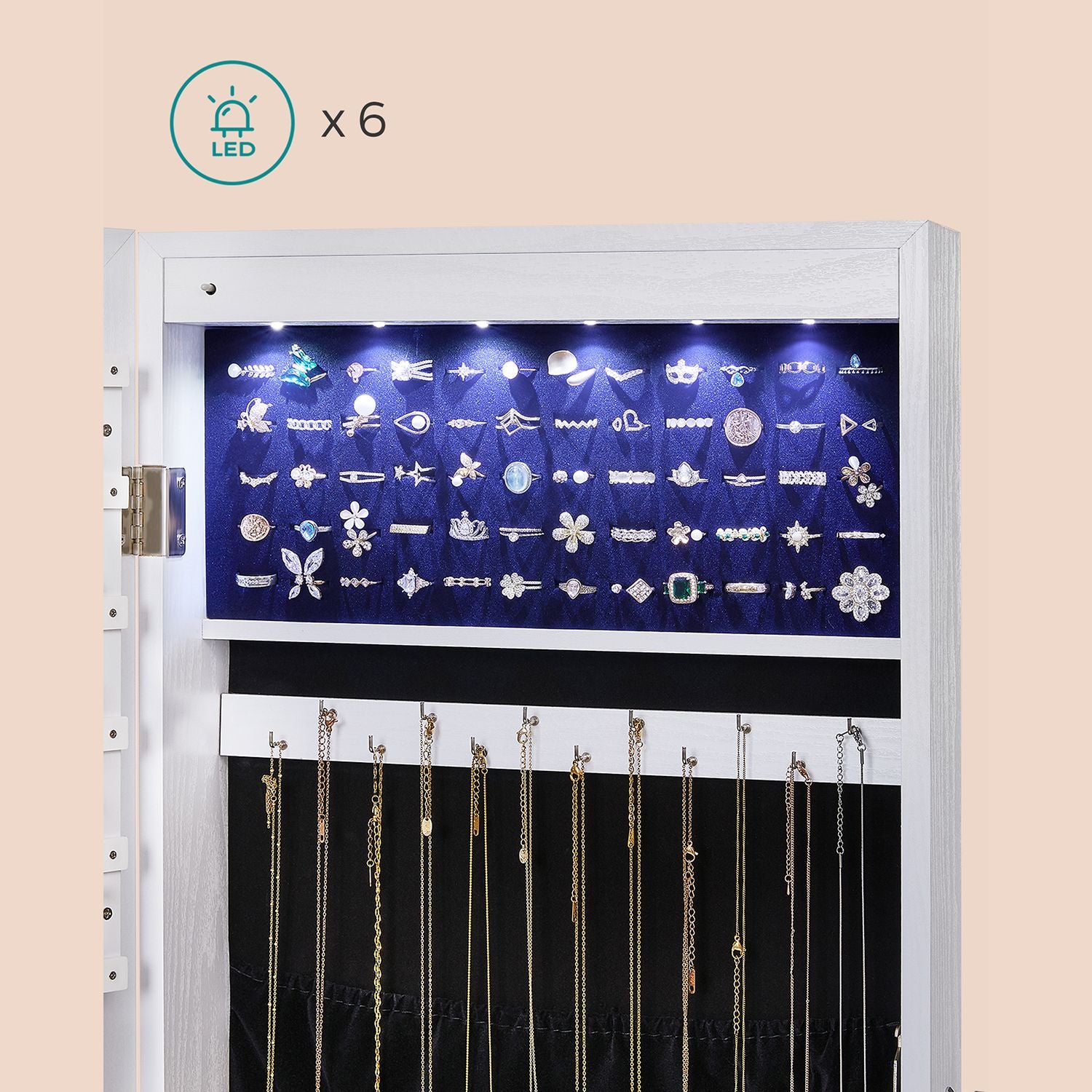 Jewelry Cabinet – Frameless Mirror – White – Wall Hanging or Door Mounted with LED Lighting and Large Capacity