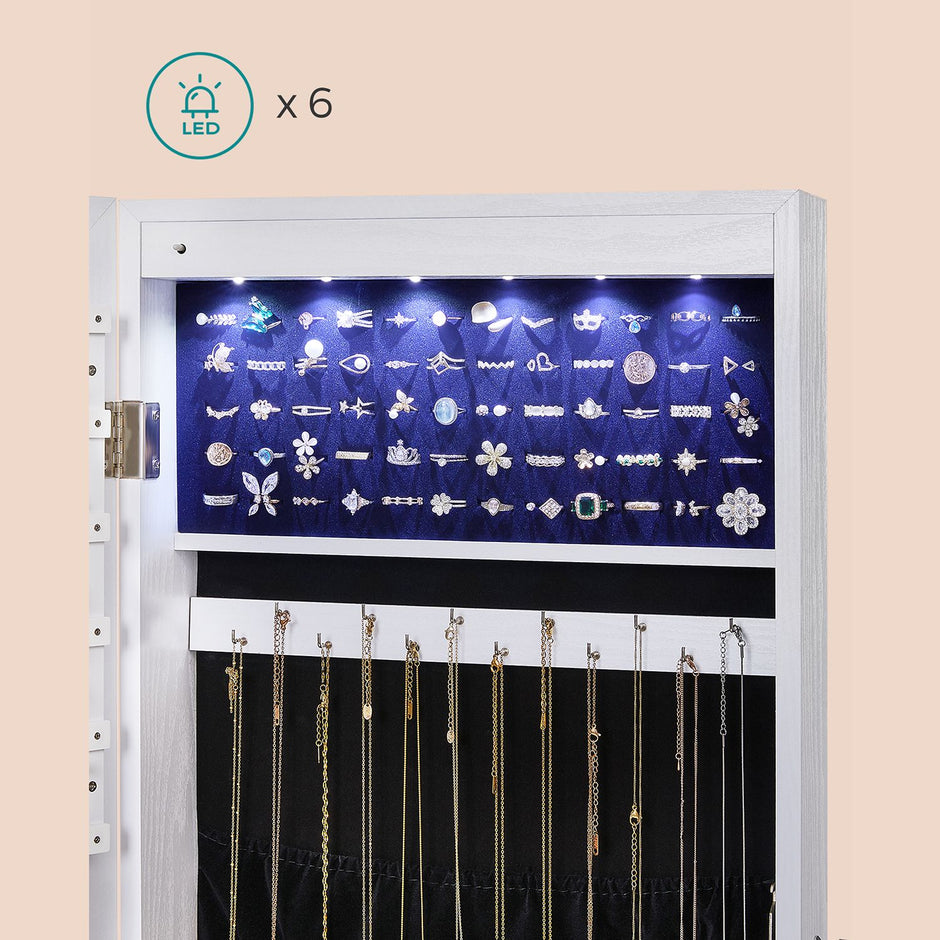 Jewelry Cabinet – Frameless Mirror – White – Wall Hanging or Door Mounted with LED Lighting and Large Capacity