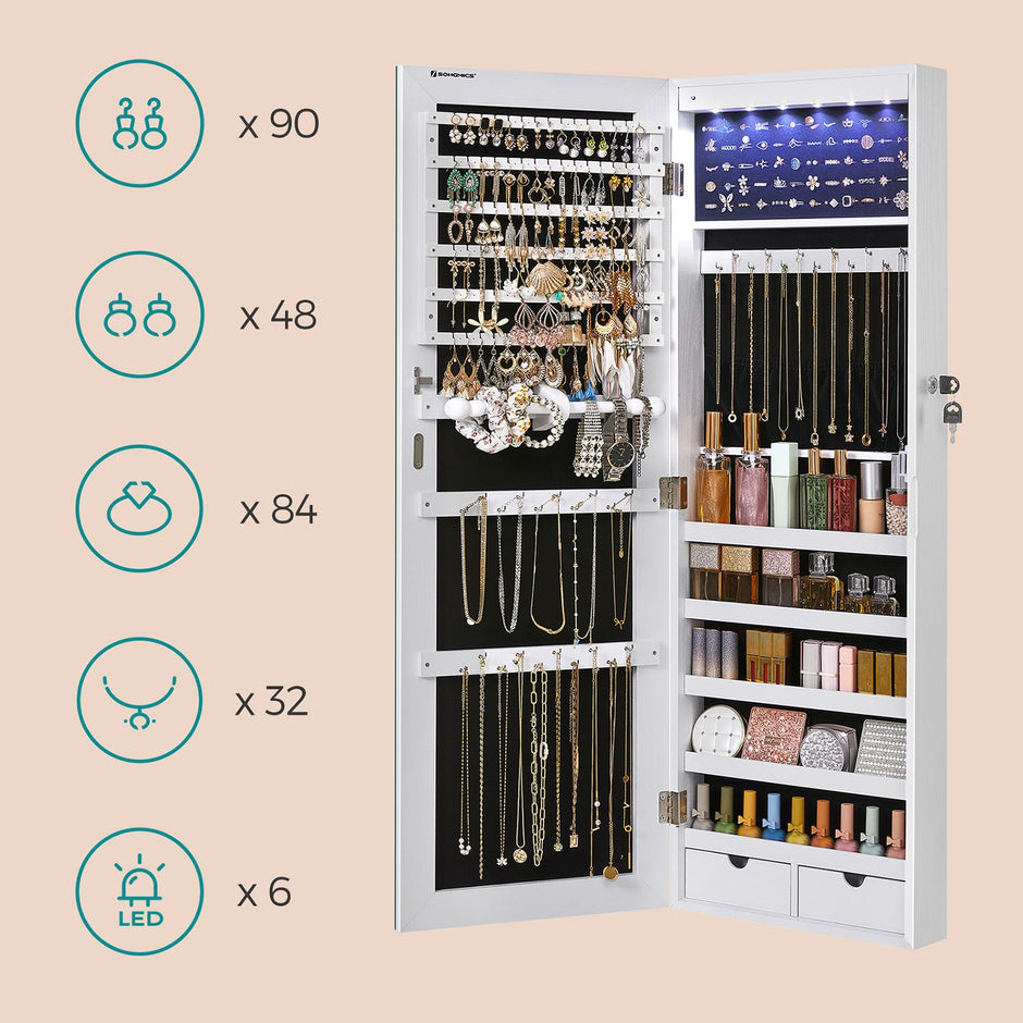 Jewelry Cabinet – Frameless Mirror – White – Wall Hanging or Door Mounted with LED Lighting and Large Capacity